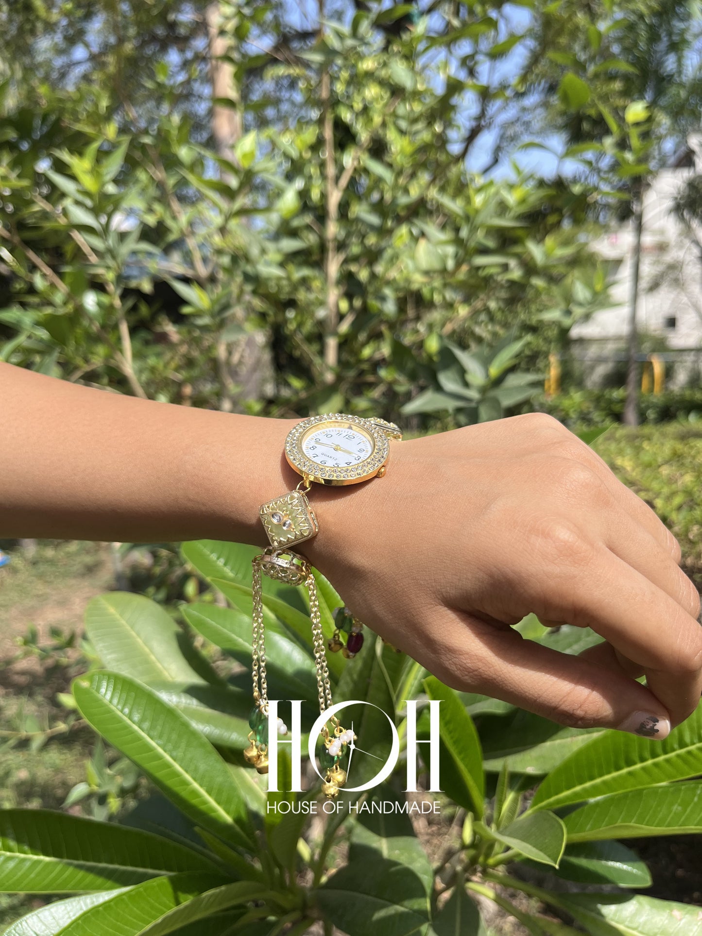 Green Pearl Kundan Bracelet Watch