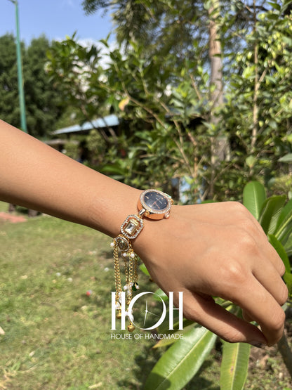 Kundan with Black Dial Bracelet Watch